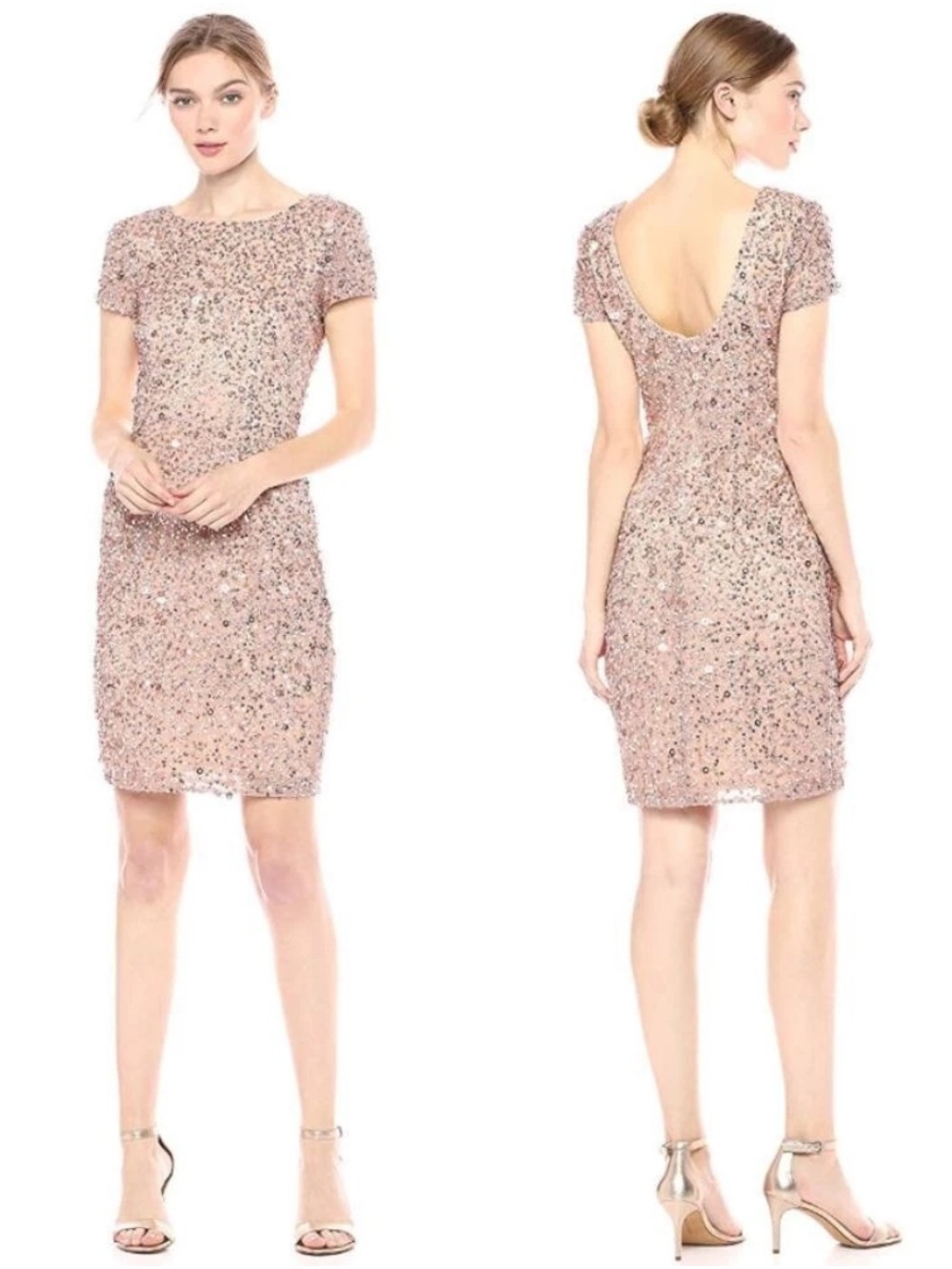 Adrianna Papell 10 Champagne Sequin Beaded Mesh Cocktail Sheath Party Dress - Picture 2 of 11